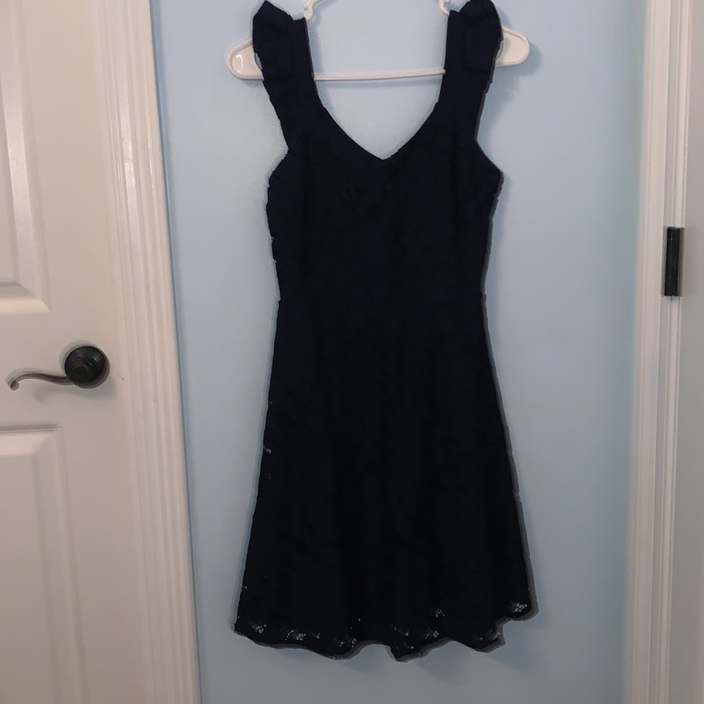 Navy, v-neck, ruffle sleeve dress
